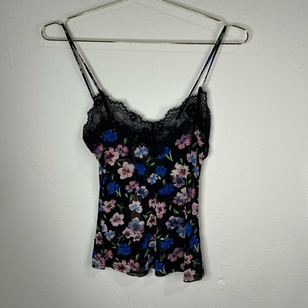 Lovestitch Floral Lace Trim Sheer Camisole Tank Top Black Blue Pink Size S
